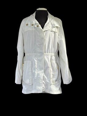 For Cynthia Windbreaker L White Nylon Gold Tone Hardware Long Jacket Coat Lined